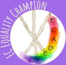 Purple background. White circle inside with logo - the word ECADE over a rainbow swirl in a half curve to left and bottom of 3 crossed beige bamboo stalks. Words "EC Equality champion" curve outside top left of circle